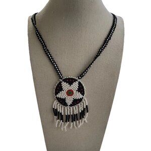 Vintage Native American Beaded Circle Medallion Leather Necklace Black Red 16”